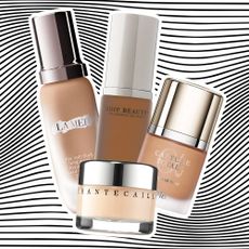 collage of anti aging foundations including la mer and juice beauty