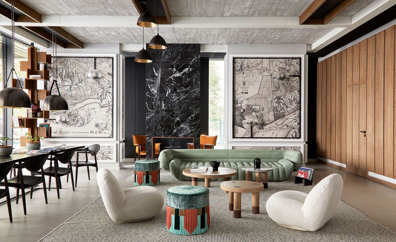 Puro lounge with sofas, chairs &amp; large wall art