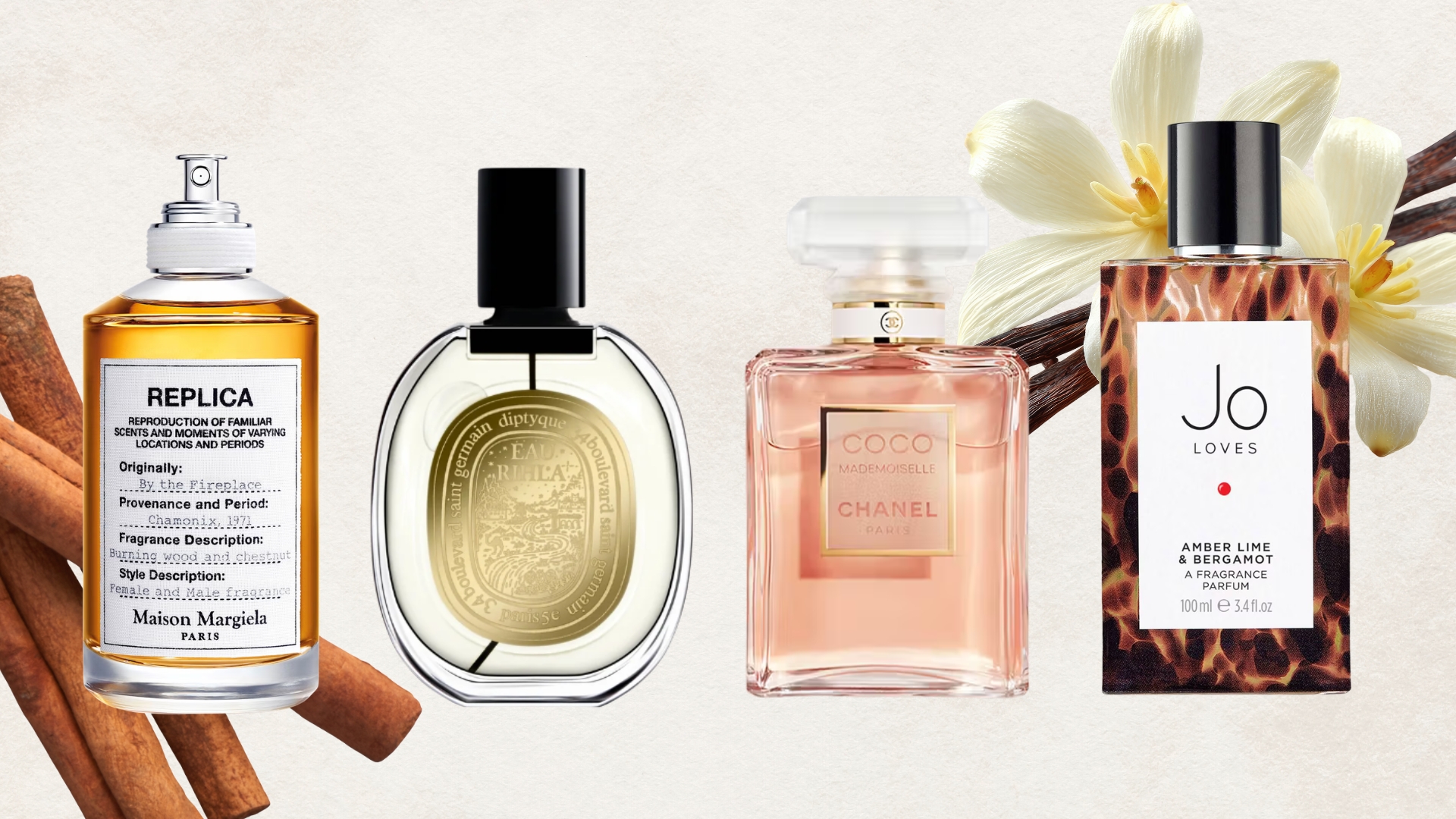 A collage featuring some of the autumn perfumes in this guide including Maison Margiela's By The Fireplace, Diptyque's Eau Rihla, Chanel's Coco Mademoiselle and Jo Loves Amber, Lime &amp; Bergamot, in a cream template with stock images of cinnamon sticks, vanilla pods and flowers