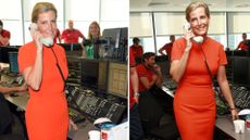 Composite of Duchess Sophie wearing a bright orange dress to the BGC Global Charity Day in 2015. 
