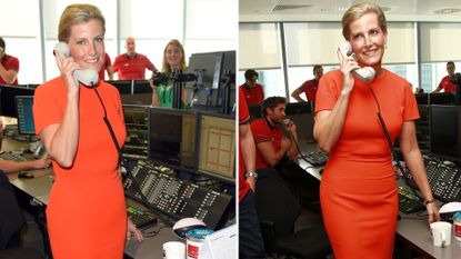 Composite of Duchess Sophie wearing a bright orange dress to the BGC Global Charity Day in 2015. 