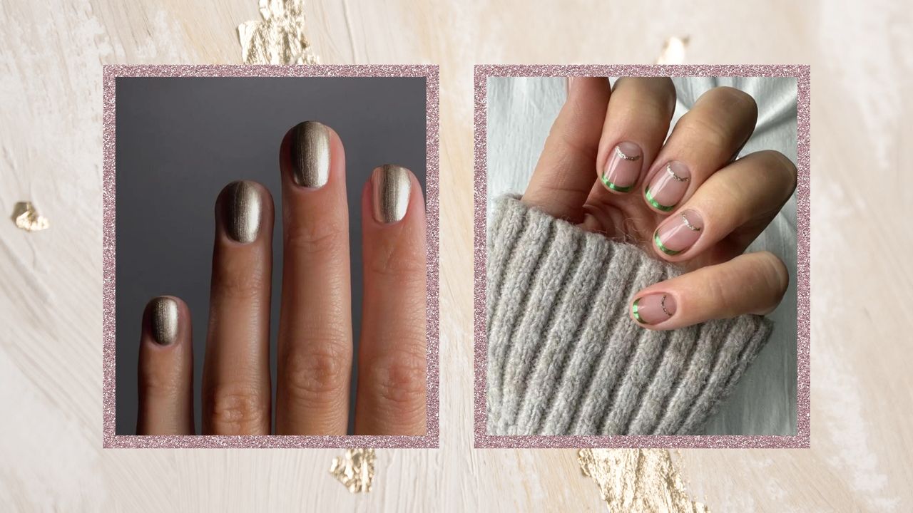 On the left, is a hand pictured with a gold manicure and on the right, a hand with gold and green French tips created by nail artists Festive nails by Mateja Novakovic and gel.bymegan/ in a cream and gold festive template