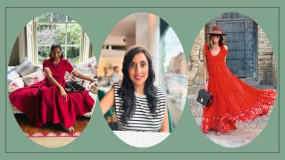 Headshots of social media influencers Paula Sutton, Kat Farmer and Renu Bhardwaj on a sage green background