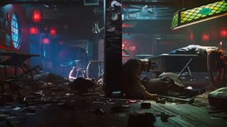 A screenshot of a bar destroyed during the Marvel Wolverine game trailer.