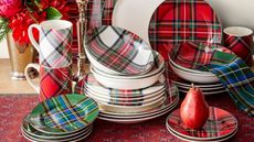Stacks of white, green and red plaid dinnerware