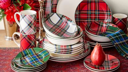 Stacks of white, green and red plaid dinnerware