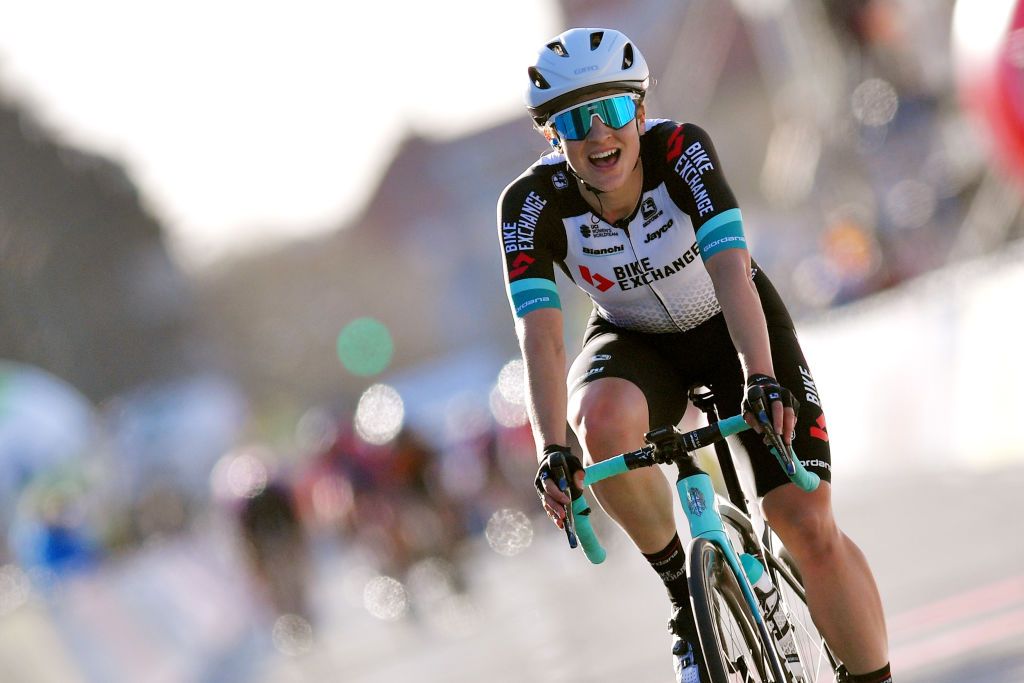 DE PANNE BELGIUM MARCH 25 Arrival Grace Brown of Australia and Team BikeExchange Celebration during the 4th Oxyclean Brugge De Panne 2021 Women Classic a 1588km race from Brugge to De Panne OxycleanClassic UCIWWT on March 25 2021 in De Panne Belgium Photo by Luc ClaessenGetty Images