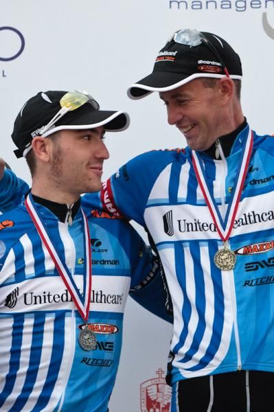 Teammates Hilton Clarke (UnitedHealthcare) and Jake Keough happy with the top two spots for the day.