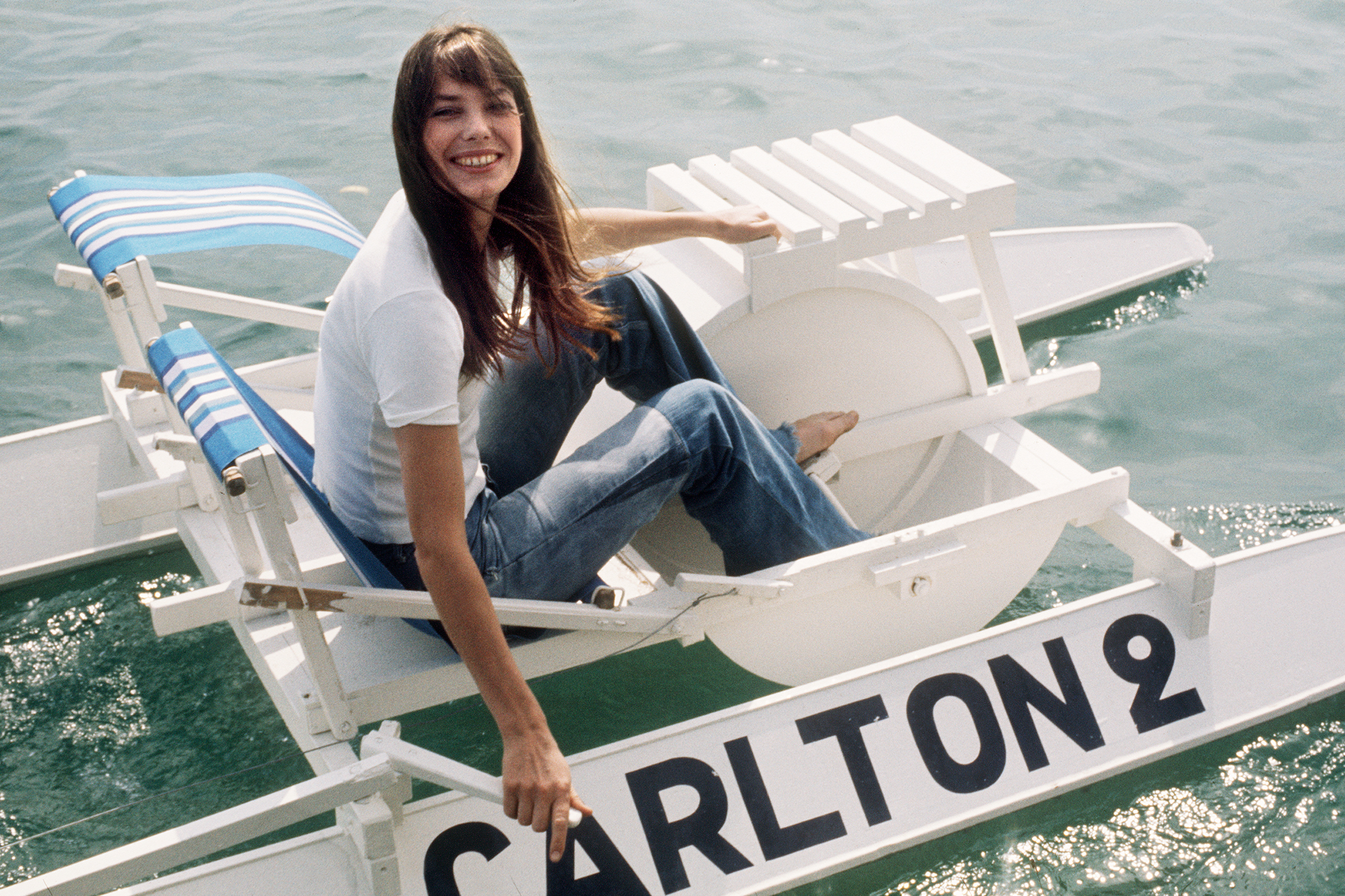 Jane Birkin goes out on a pedalo during the 28th Cannes International Film Festival on May 1974