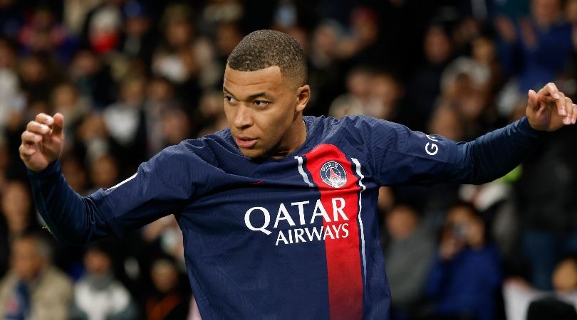 PSG forward Kylian Mbappe celebrates a goal against Montpellier in October 2023.