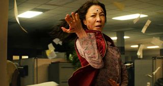 Evelyn (Michelle Yeoh) fights in Everything Everywhere All at Once