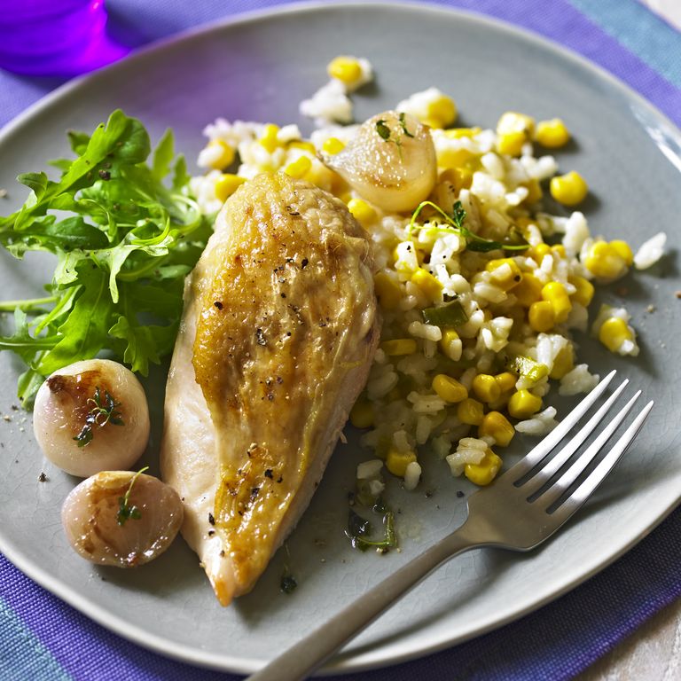 photo of Roast Chicken Breast with Sweetcorn Risotto and Caramelised Shallots Recipe