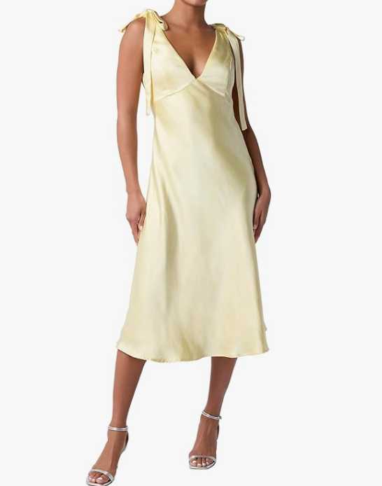 Lulus Henrietta Tie Strap Satin Midi Cocktail Dress With Tie Shoulder Straps, Elegant Evening Party Dress