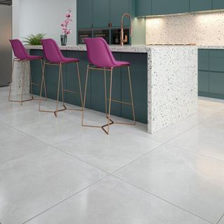 kitchen room with white tiled flooring and kitchen worktop