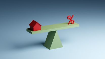 Illustration of a small red model house balancing on a seesaw opposite a red percentage sign