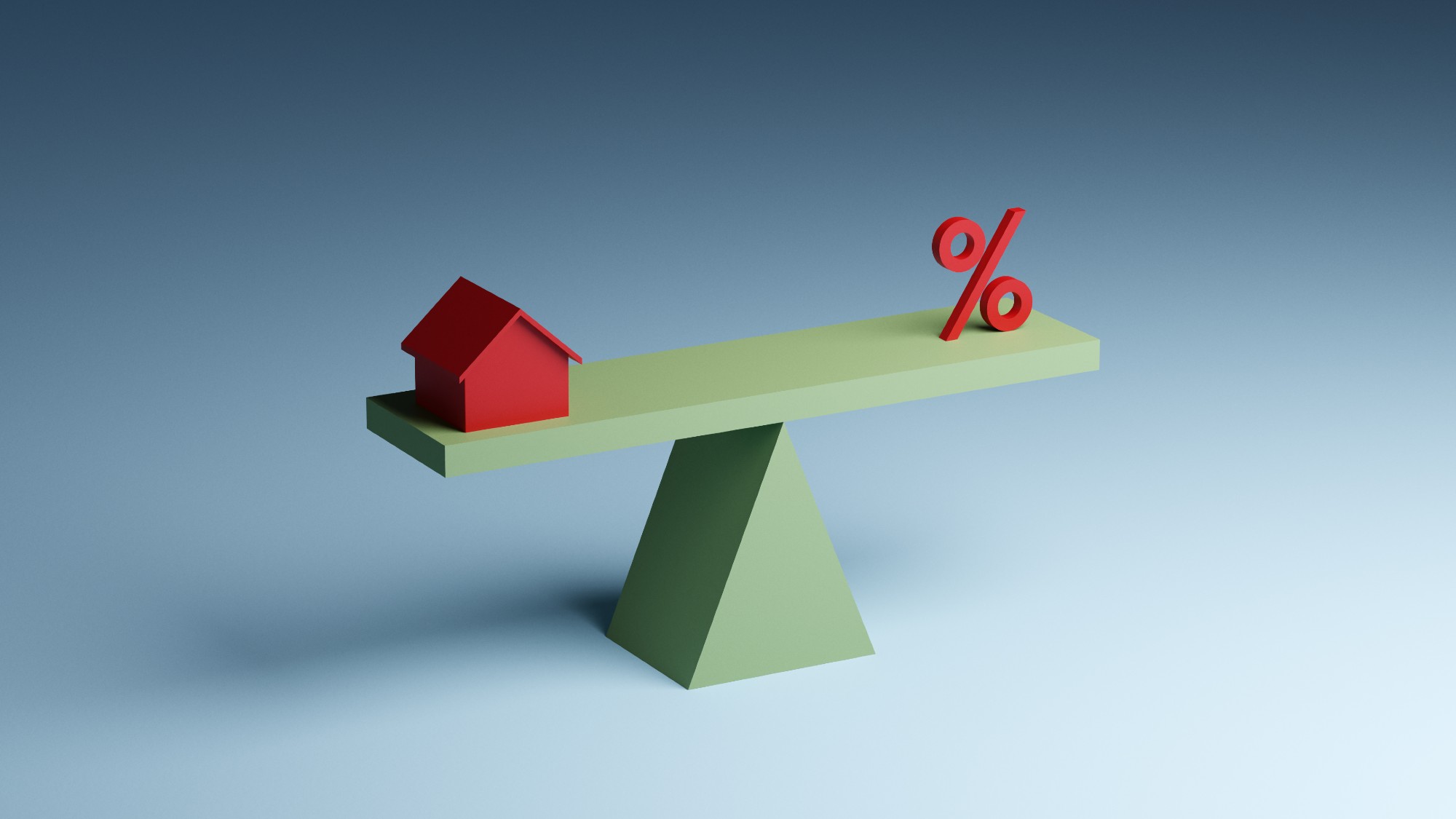 Illustration of a small red model house balancing on a seesaw opposite a red percentage sign