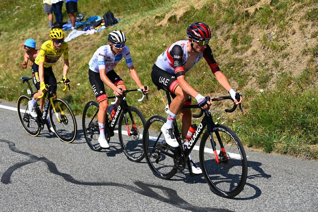 PEYRAGUDES FRANCE JULY 20 LR Jonas Vingegaard Rasmussen of Denmark and Team Jumbo Visma Yellow Leader Jersey Tadej Pogacar of Slovenia White Best Young Rider Jersey and Brandon Mcnulty of United States and UAE Team Emirates compete in the breakaway during the 109th Tour de France 2022 Stage 17 a 1297km stage from SaintGaudens to Peyragudes 1580m TDF2022 WorldTour on July 20 2022 in Peyragudes France Photo by Tim de WaeleGetty Images