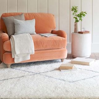 living room with orange chair with cushions