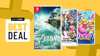 The Legend of Zelda Tears of the Kingdom, Super Smash Bros Ultimate, and Princess Peach Showtime Nintendo Switch games on a yellow background with best deal badge