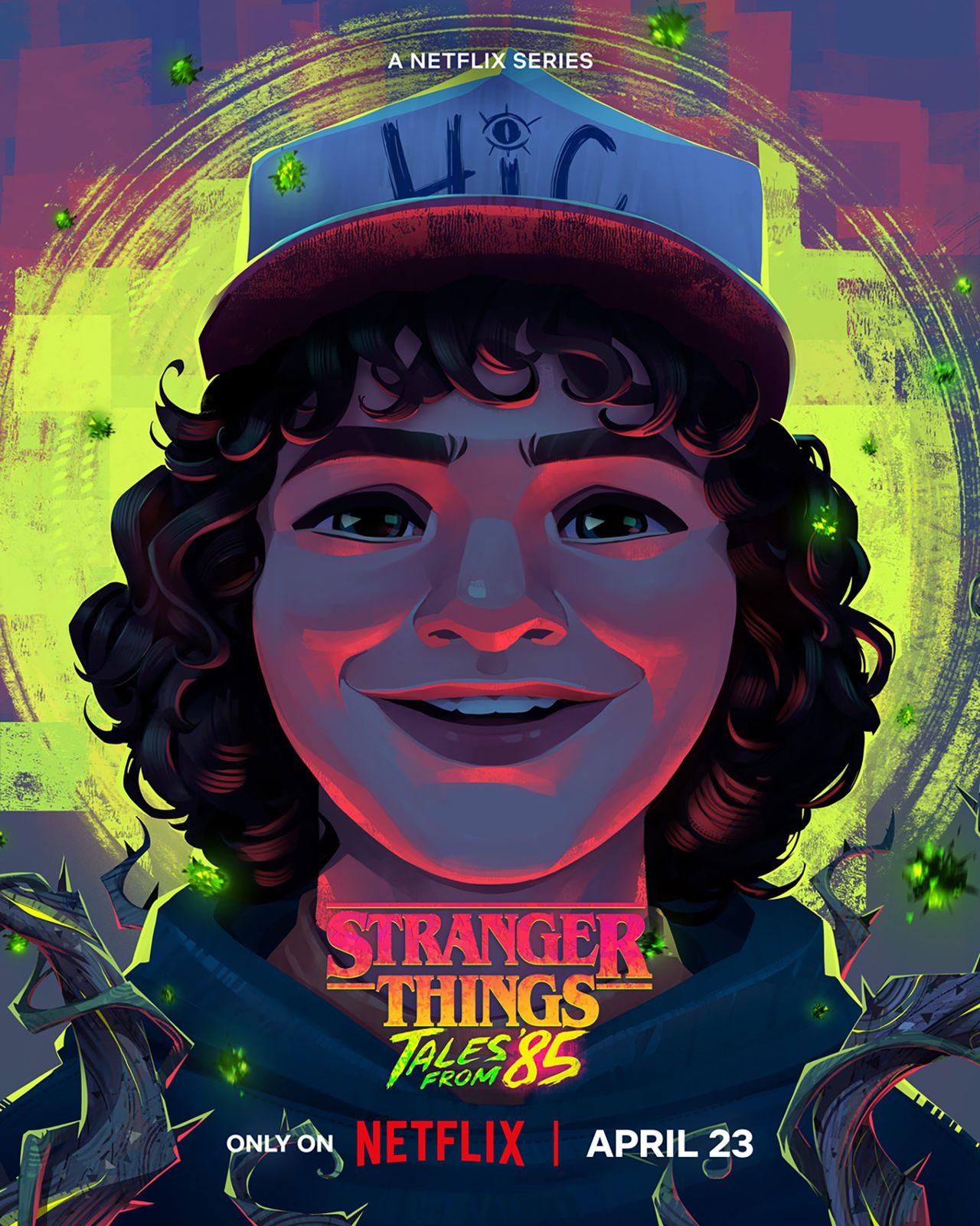 Dustin drawn in bright neon colors