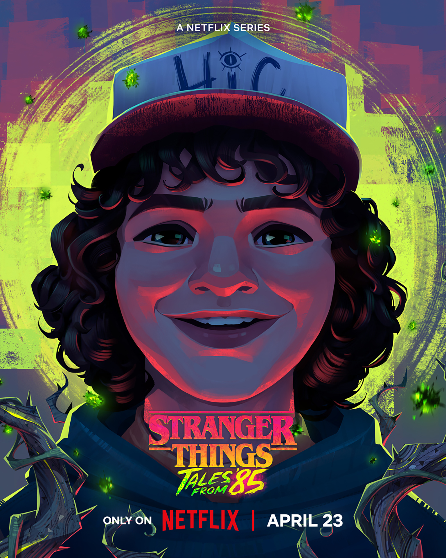 Dustin drawn in bright neon colors