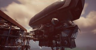 Forever Skies - An airship with different room compartments docked at a ruined skyscraper.