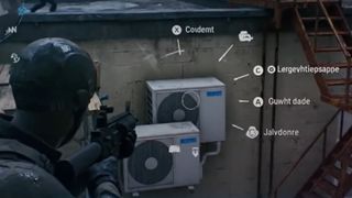 A soldier considers the AI-generated options on their radial menu while aiming at a pair of conjoined twin air conditioners.