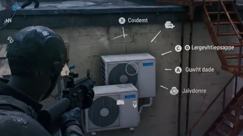 A soldier considers the AI-generated options on their radial menu while aiming at a pair of conjoined twin air conditioners.