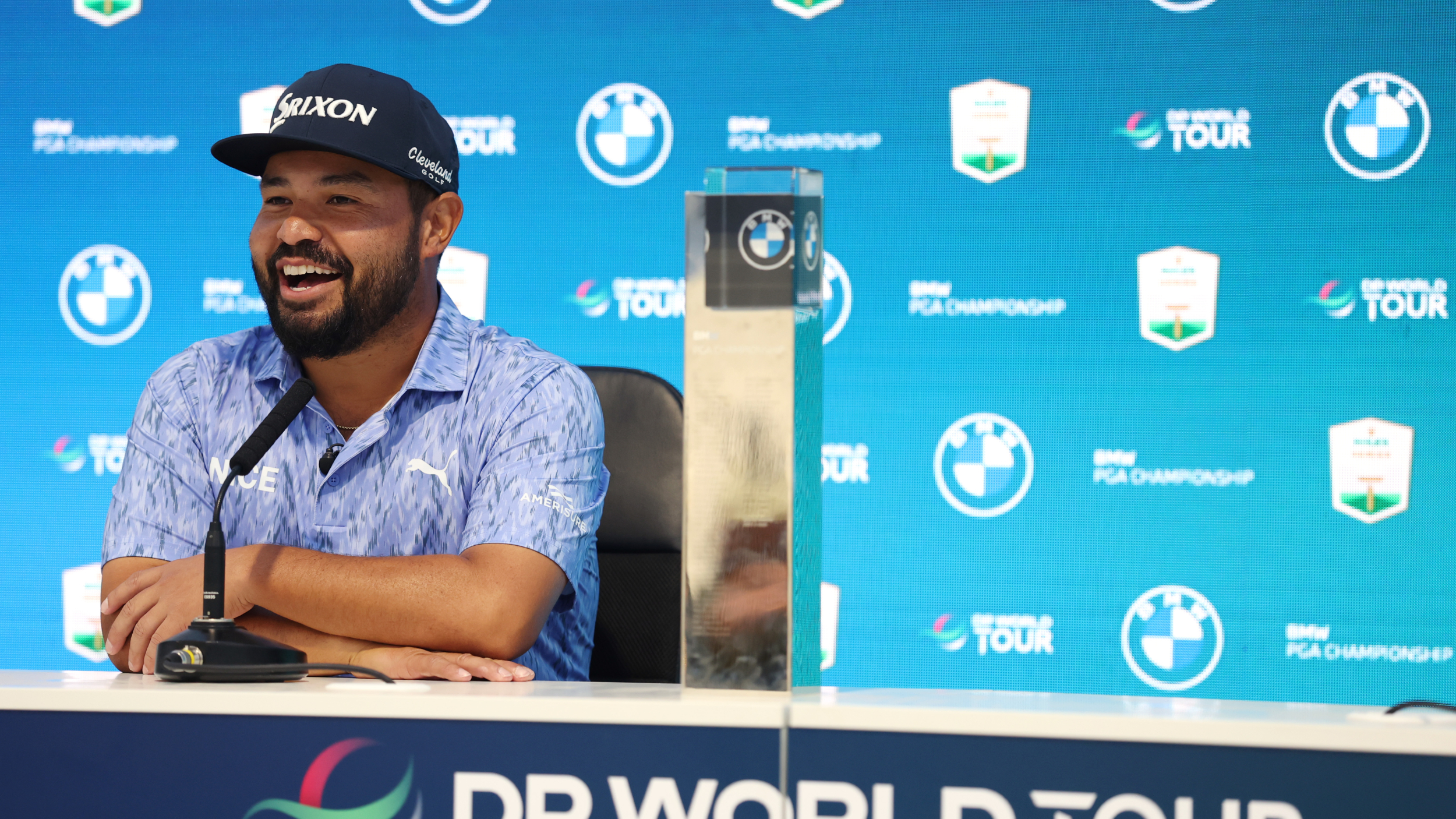 JJ Spaun jokes with reporters after his BMW PGA Championship victory