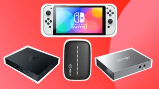 A product shot of various Nintendo Switch capture cards below a Switch OLED on a colourful background 