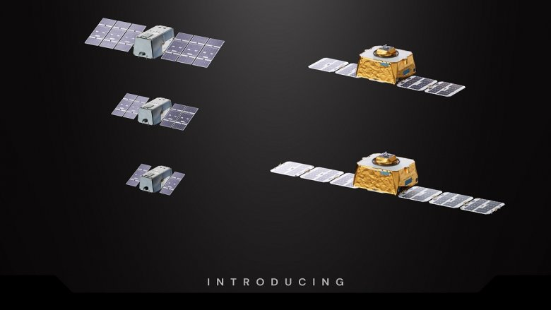 Two columns of satellites of increasing size, all with dual solar arrays on their sides.