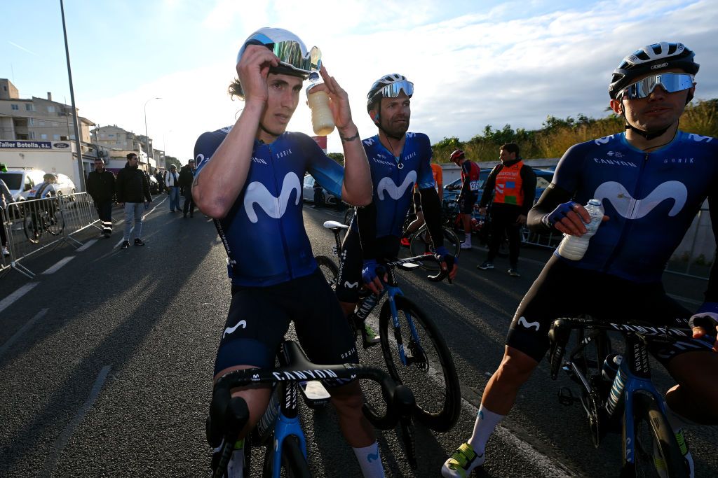 ALTEA SPAIN FEBRUARY 01 LR Ivn Garca Cortina of Spain Jos Joaqun Rojas of Spain and Alex Aranburu of Spain and Movistar Team after cross the finish line during the 74th Volta a la Comunitat Valenciana 2023 Stage 1 a 1894km stage from Orihuela to Altea VCV2023 VoltaValenciana on February 01 2023 in Altea Spain Photo by Dario BelingheriGetty Images