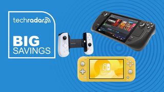 A Nintendo Switch Lite, Backbone One, and Steam Deck on a blue background with big savings imagery