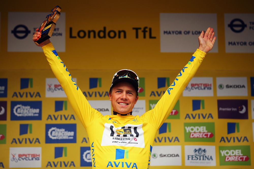 Edvald Boasson Hagen on the final podium at the Tour of Britain.