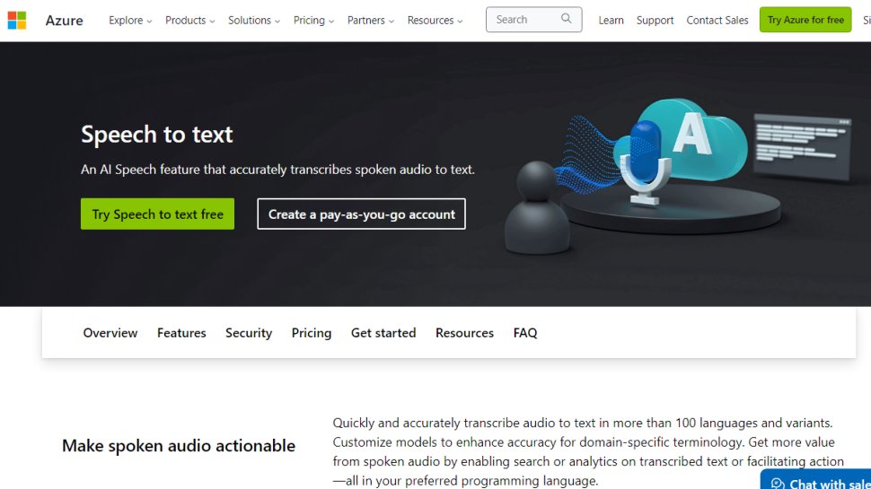 Website screenshot for Microsoft Azure Speech to Text