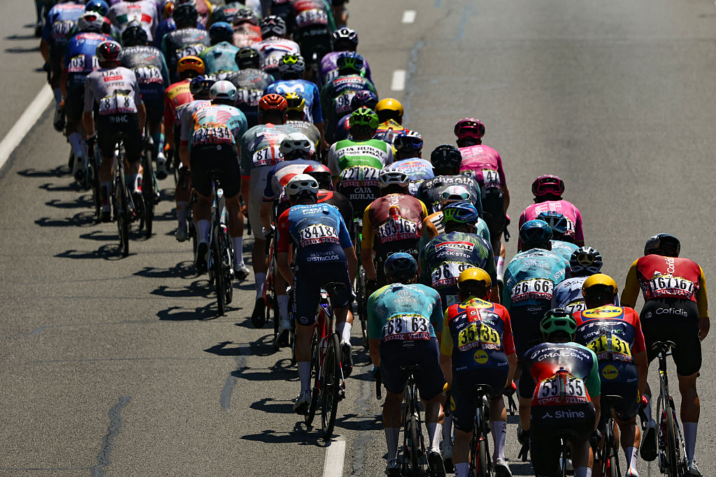 The pack of riders (peloton) cycles during the 6th stage of the 113th edition of the Tour de France cycling race, 186,2 km between Pau and Gavarnie-G&amp;egrave;dre in the French Pyrenees, on July 9, 2026. (Photo by Anne-Christine POUJOULAT / AFP)