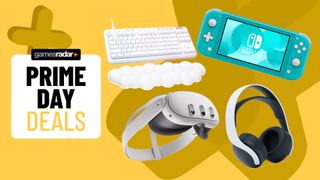 Nintendo Switch Lite, Meta Quest 3, Logitech keyboard, and gaming headset on a yellow background with Prime Day badge