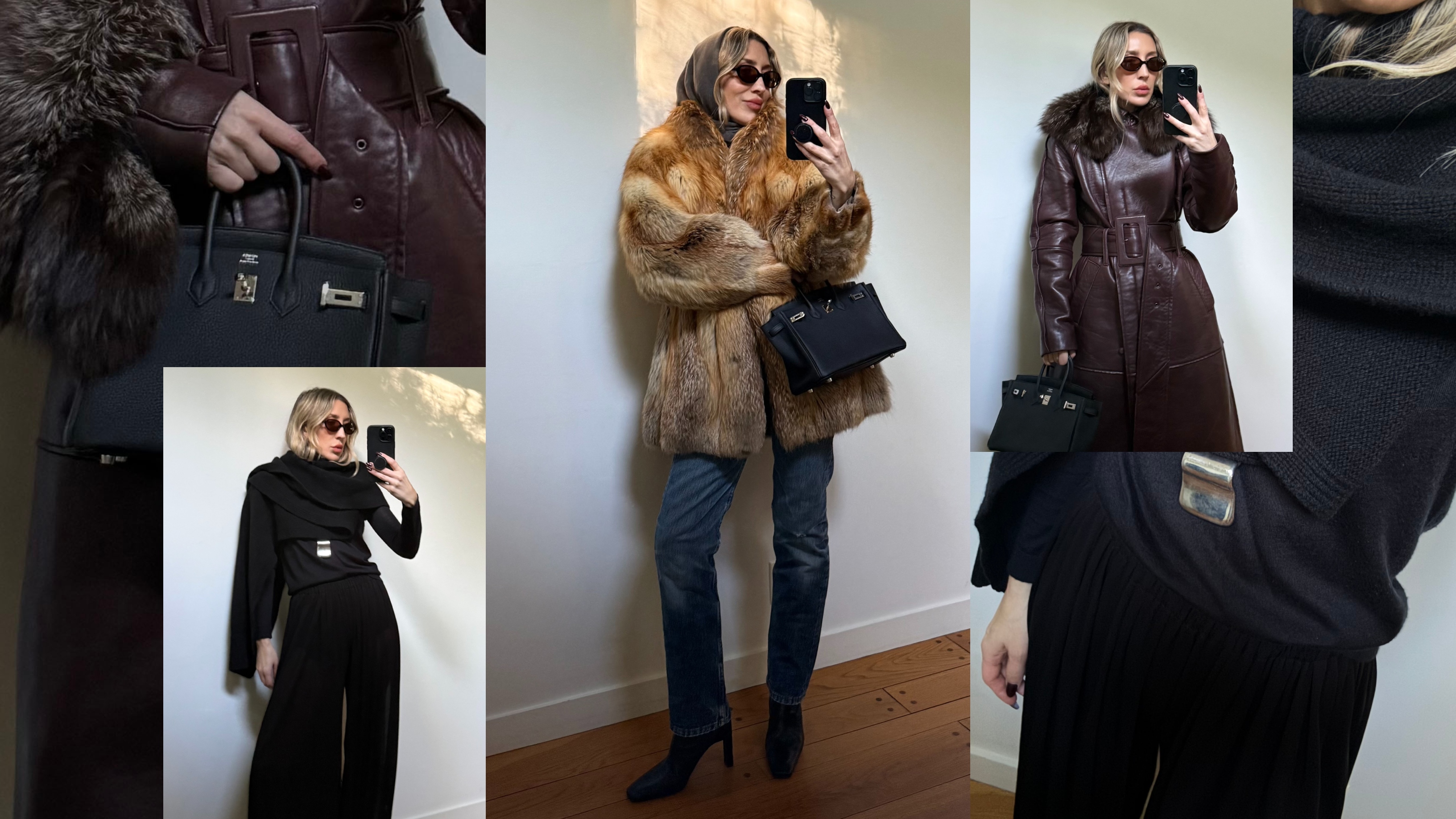 Angela Fink wearing a black wrap coat; Angela Fink wearing a fur coat; Angela Fink wearing a burgundy leather trench coat