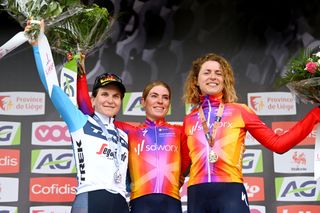 2023 Liège-Bastogne-Liège Femmes podium (l-r): second place Elisa Longo Borghini (Trek-Segafredo), winner Demi Vollering (SD Worx) and third place Marlen Reusser (SD Worx)