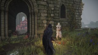 Elden Ring Varre quest - White Mask Varre is standing outside of a ruined church
