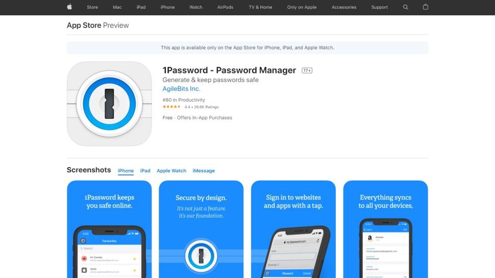 Website screenshot for 1Password in the Apple App Store.