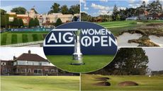 The AIG Women's Open trophy and four golf courses in a montage
