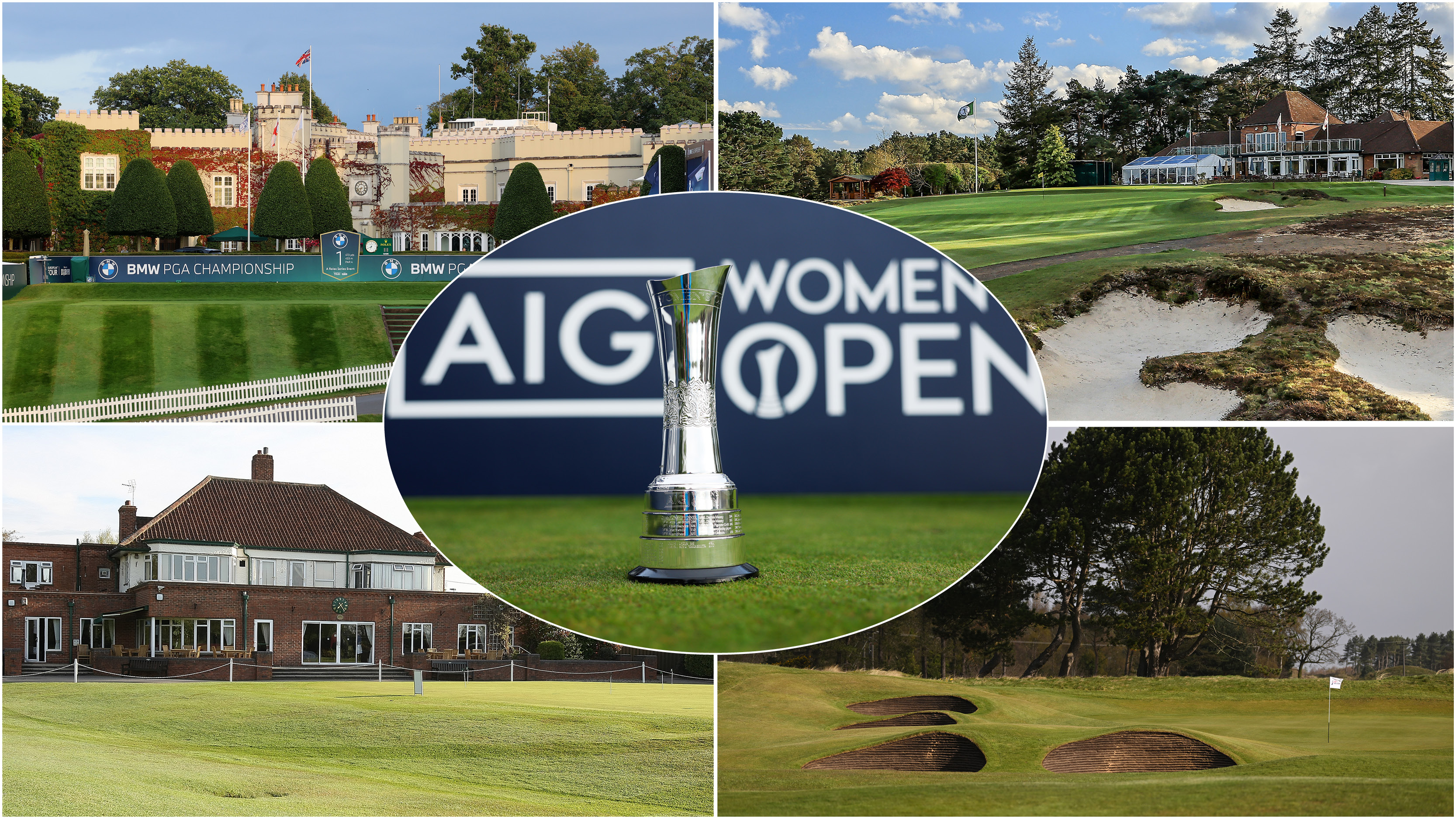 The AIG Women's Open trophy and four golf courses in a montage