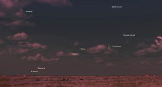 A red hued landscape with a low horizon rests beneath a partly cloudy sky. A crescent moon, mars, saturn, neptune and venus are labeled, along with three other less consequential stars.