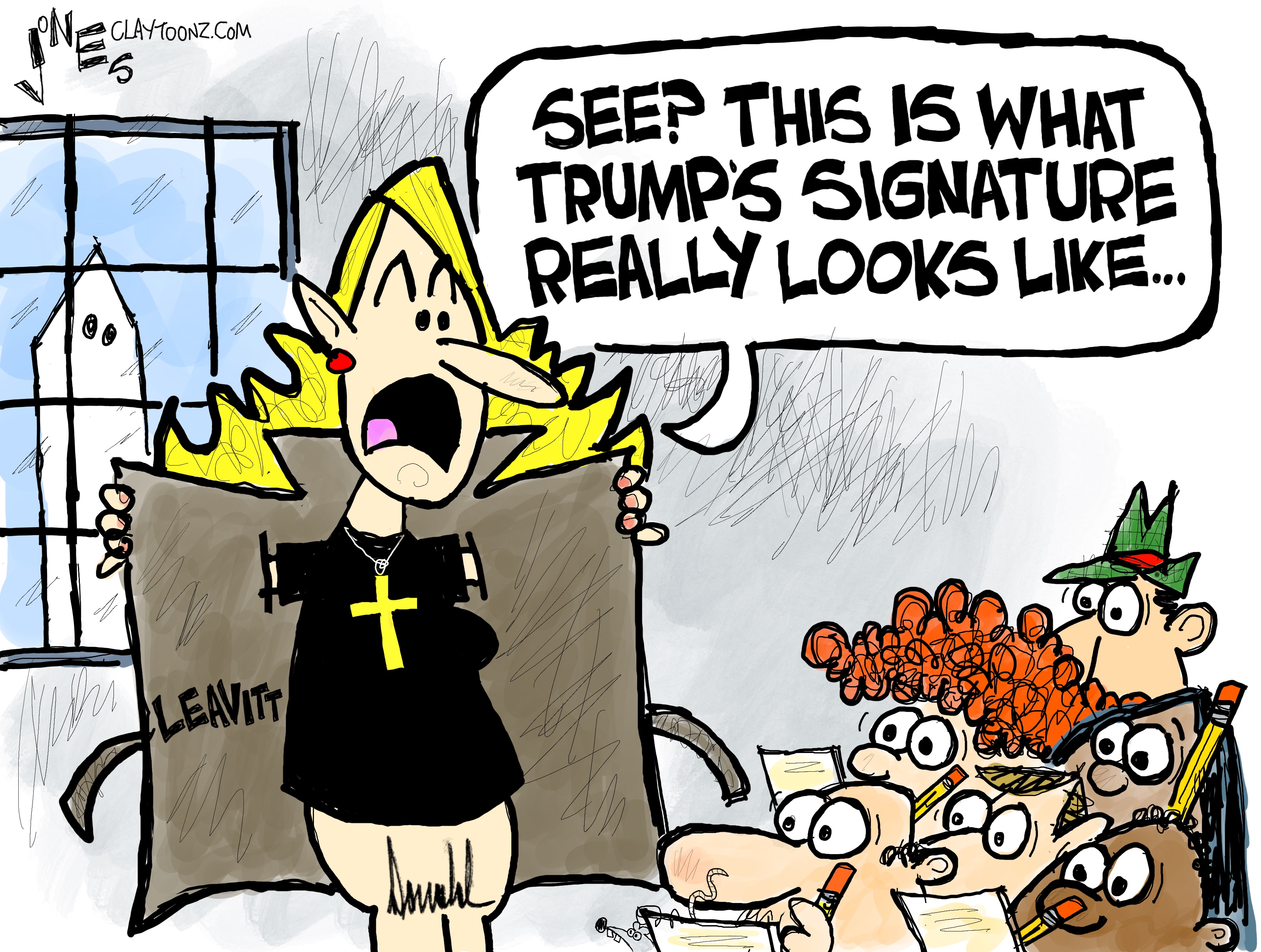 This cartoon depicts White House Press Secretary Karoline Leavitt whipping open her coat like a flasher to reveal Donald Trump&#039;s signature below her waist. Members of the press watch wide-eyed as they take notes. Leavitt says, &amp;quot;See? This is what Trump&#039;s signature really looks like...&amp;quot;