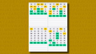 Quordle Daily Sequence answers for game 1107 on a yellow background