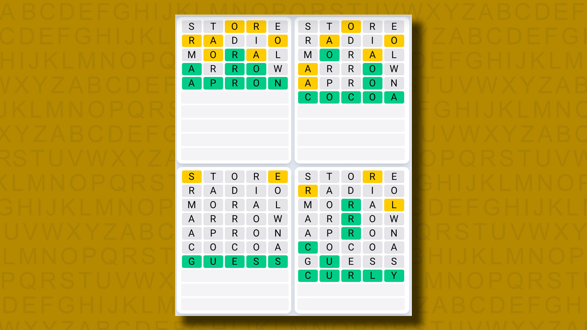 Quordle Daily Sequence answers for game 1107 on a yellow background