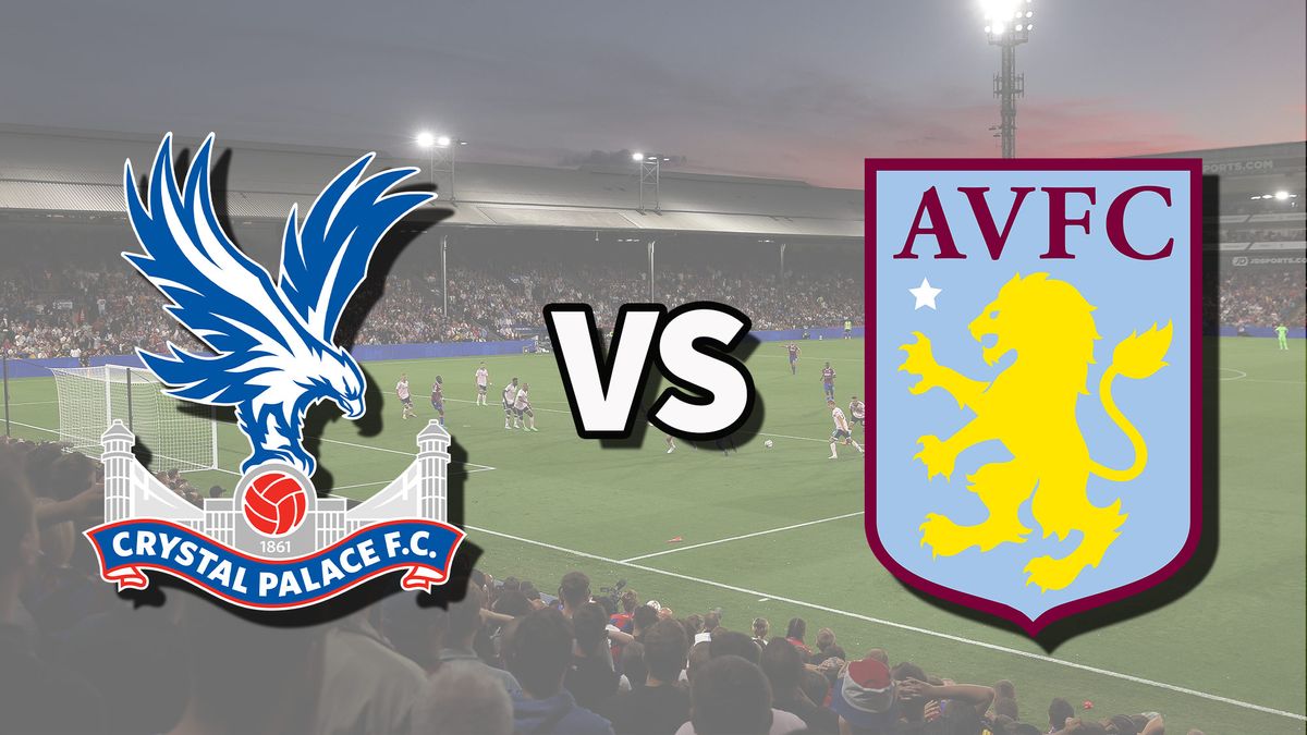 The Crystal Palace and Aston Villa club badges on top of a photo of Selhurst Park in London, England