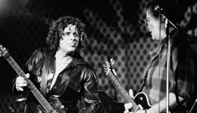 Peter Baron (left) and Leslie West perform onstage