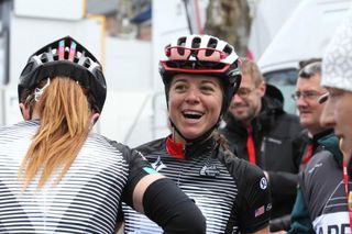 A happy Evelyn Stevens (Specialized - lululemon) after the finish line